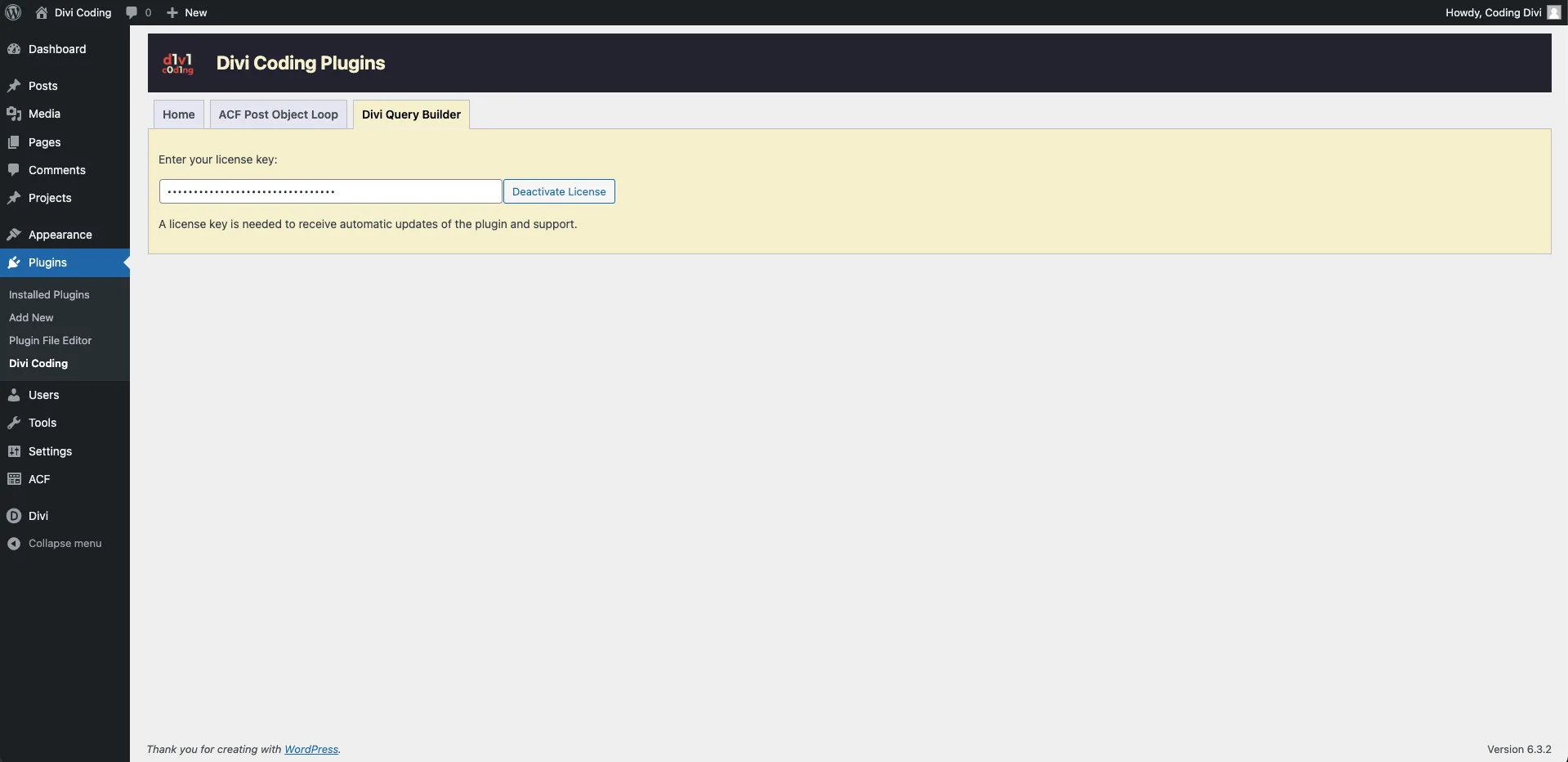 Divi Query Builder License Page