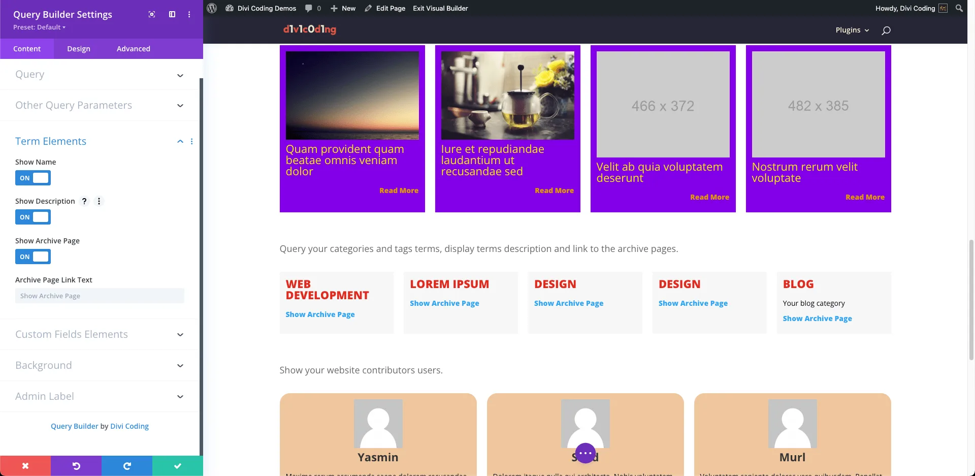 Divi Query Builder Term Elements