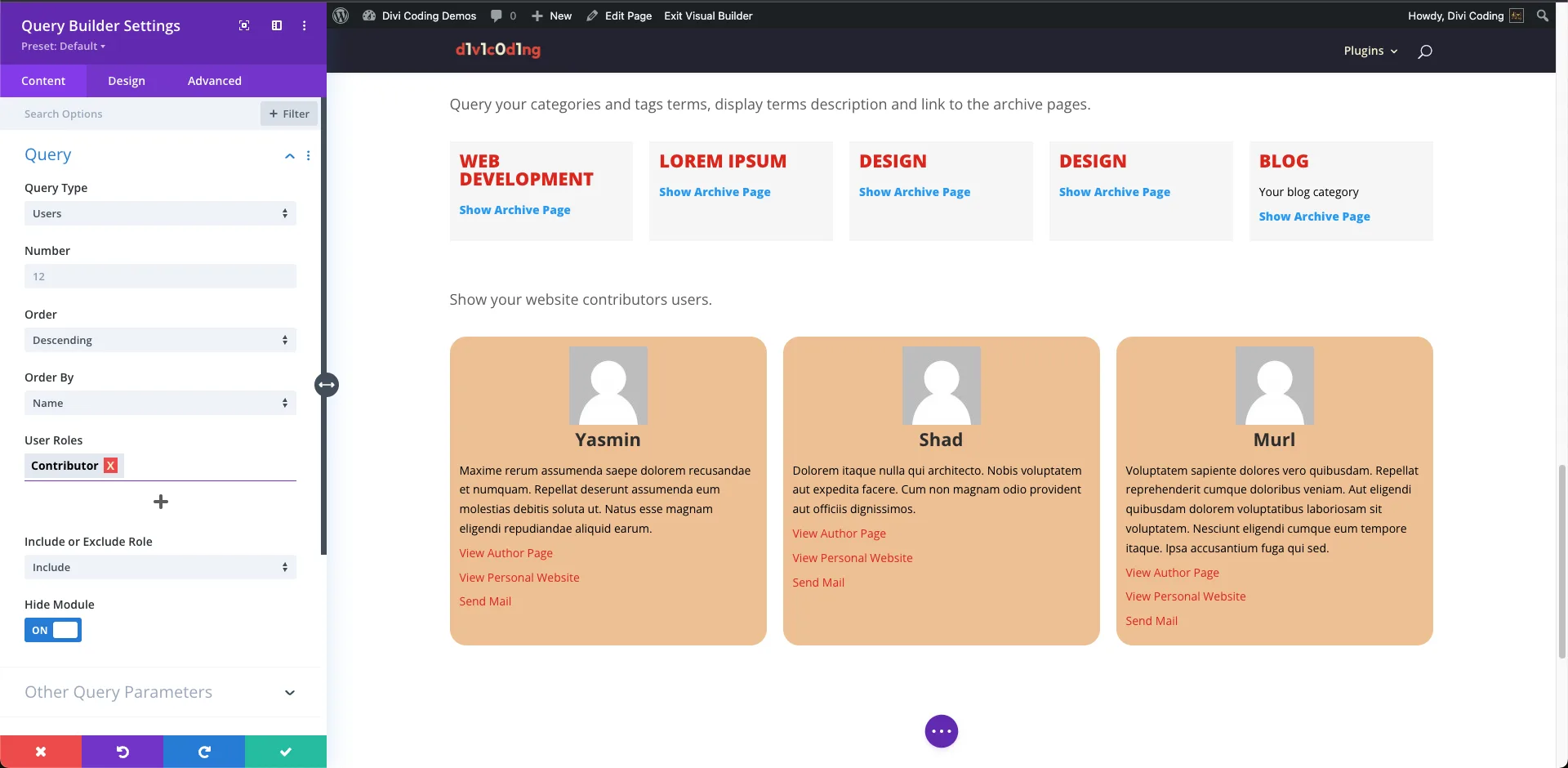 Divi Query Builder User Arguments