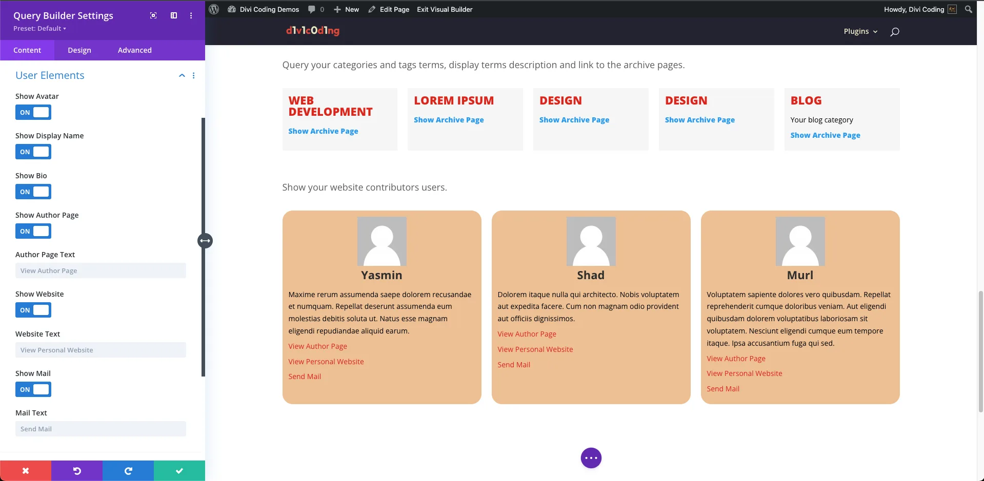 Divi Query Builder User Elements