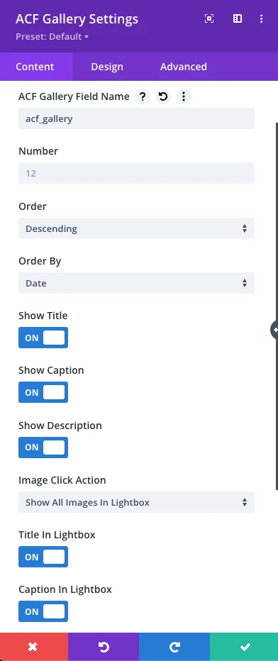 Divi ACF Masonry Gallery Content Settings