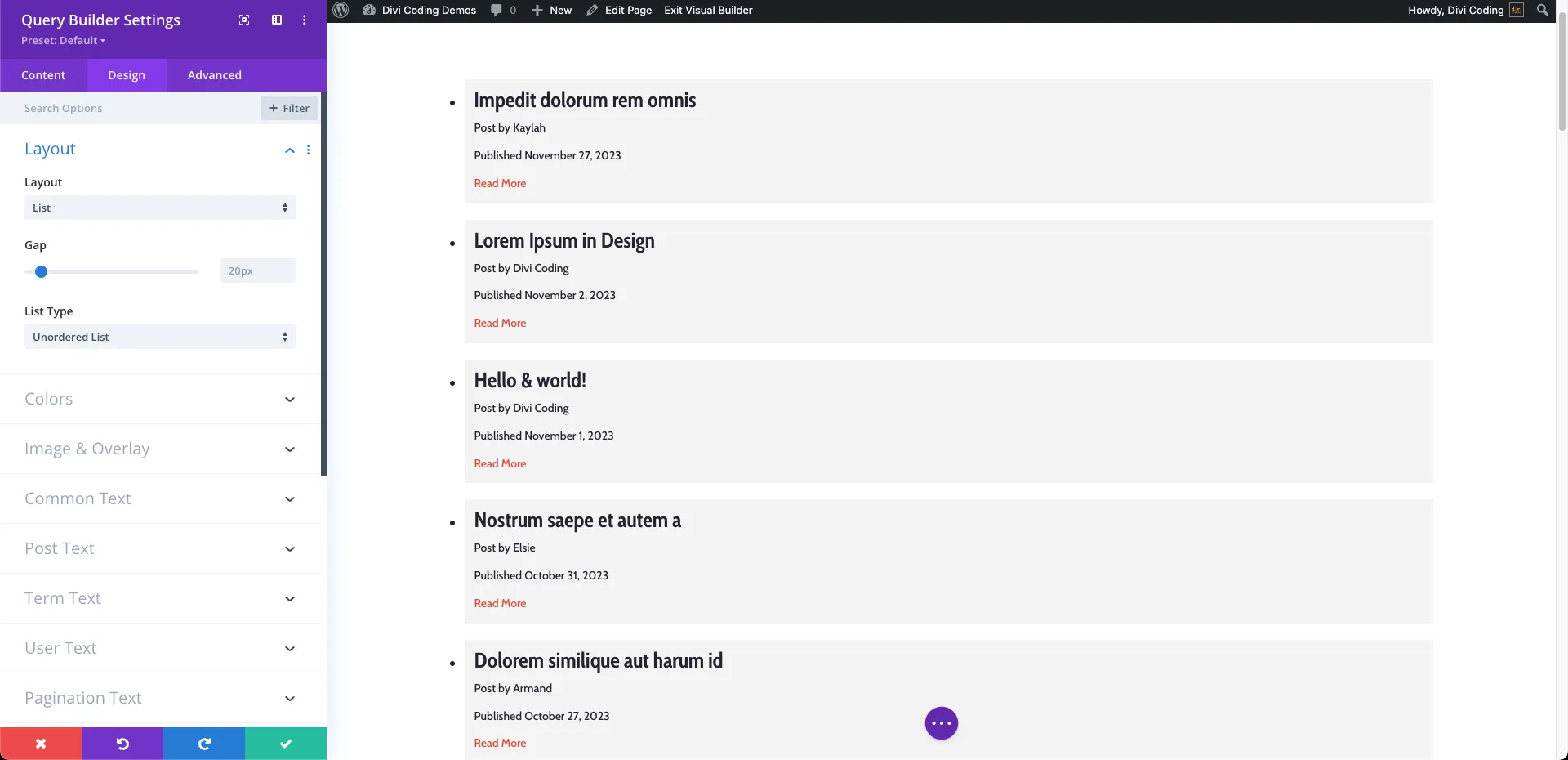 List Layout - VB - Divi Query Builder