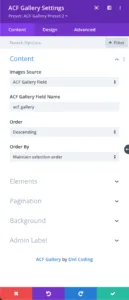ACF Field - Settings - Divi ACF Masonry Gallery