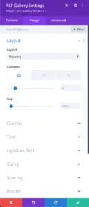 Layout - Settings - Divi ACF Masonry Gallery