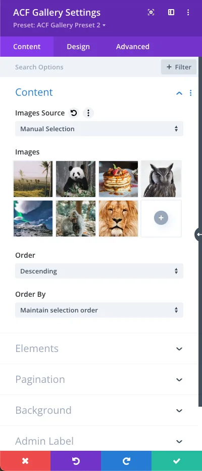 Manual Selection - Settings - Divi ACF Masonry Gallery