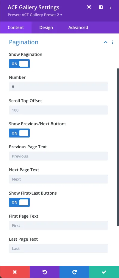 Pagination - Settings - Divi ACF Masonry Gallery